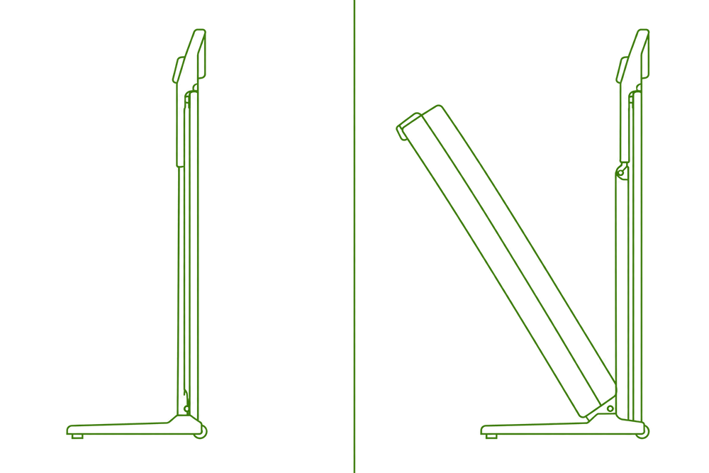 Line diagram comparing a flat-folded treadmill (thin, flush) against a lift-folded treadmill (thick, angled) — generic, not a specific product