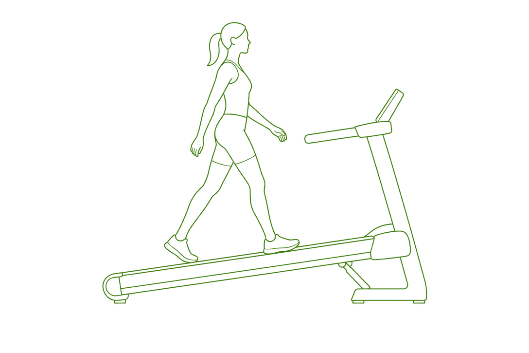 Line drawing, side view: a treadmill with its deck raised at the front on a lift, and a person walking up the slope