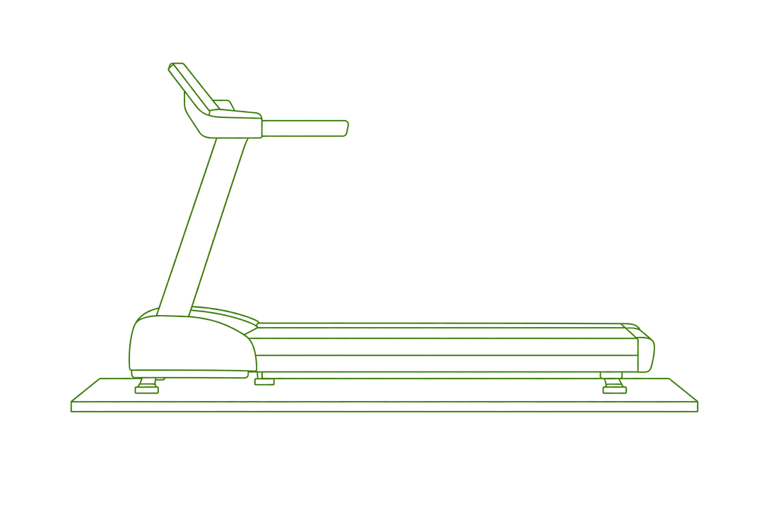 Line drawing, side view: a treadmill standing on a rectangular floor mat that extends past the machine at both ends
