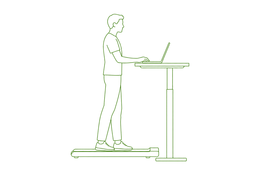Line drawing, side view: a flat walking pad on the floor beneath a standing desk, with a person standing on it working at a laptop