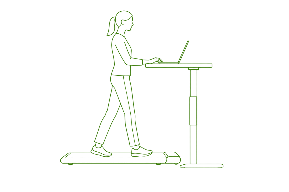 Line illustration of a generic walking pad under a standing desk, not a specific product